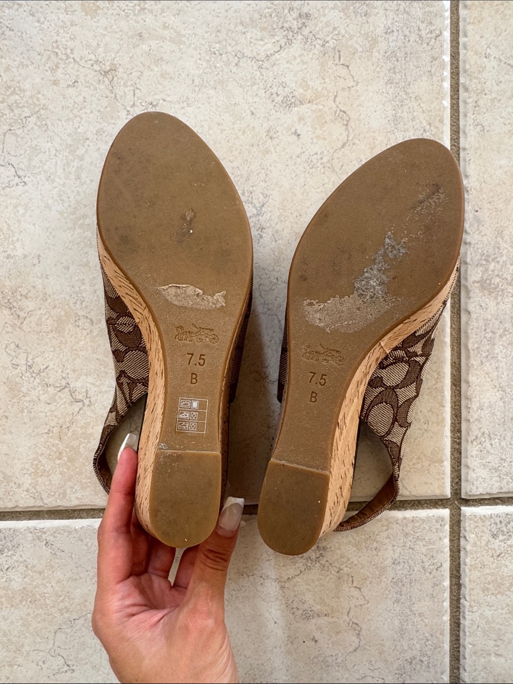 COACH Brown Signature Canvas Peep-Toe Slingback Wedges - Picture 5 of 10